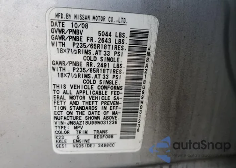 2009 Nissan Murano S z USA, uszkodzony, nr VIN JN8AZ18U99W031236